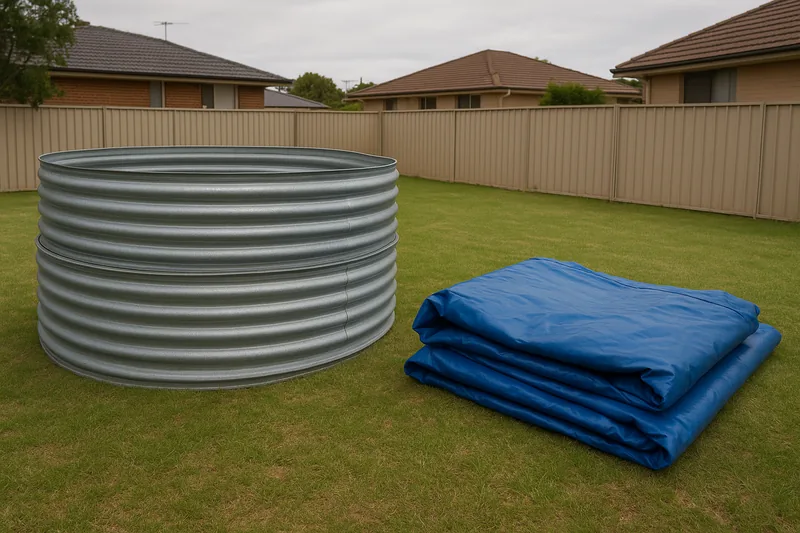Two stacked rings of corrugated steel pool wall on a lawn beside a folded blue vinyl liner — above-ground pool removal, Adelaide. Illustrative example.