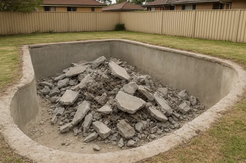 Broken concrete slabs and steel mesh piled in the bottom of an empty concrete pool shell — concrete pool removal, Adelaide. Illustrative example.