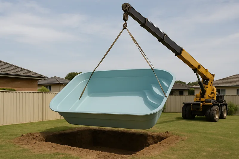 A one-piece pale blue fibreglass pool shell hanging from the hook of a mobile crane above an excavated hole — fibreglass pool removal, Adelaide. Illustrative example.