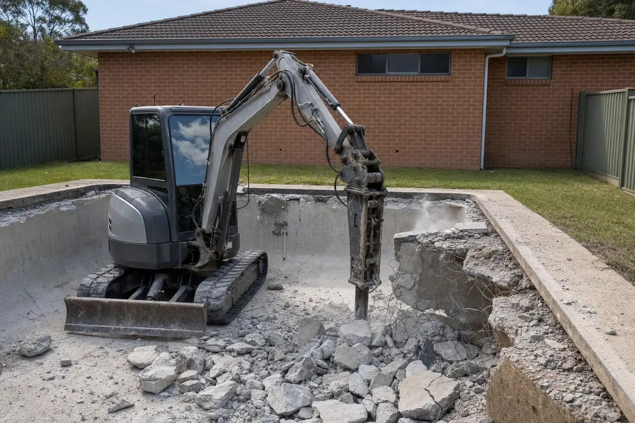 A compact grey excavator with a hydraulic hammer breaking the concrete wall of an empty in-ground pool, broken concrete lying on the pool floor — pool removal, Adelaide. Illustrative example.